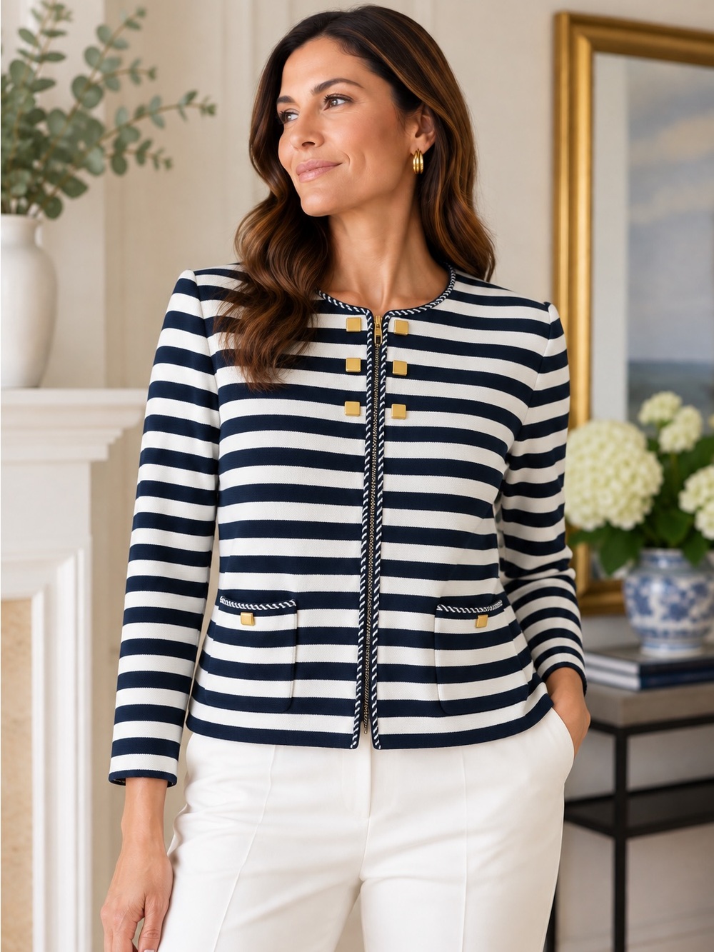 St. John Collection Santana Knit Navy Ivory Stripe Gold Jacket 6